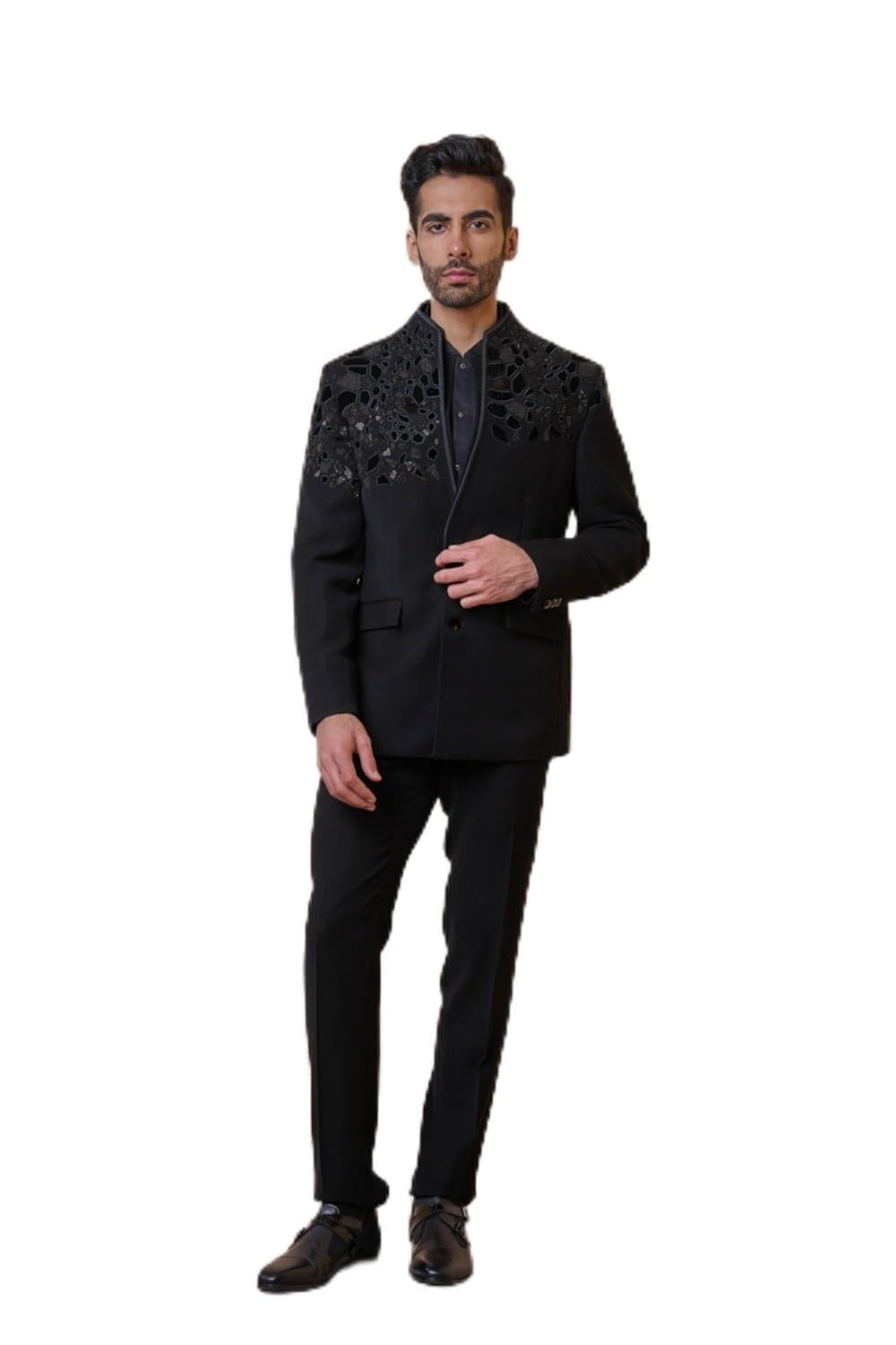 Black Dinner Jacket with Placement Applique Embroidery