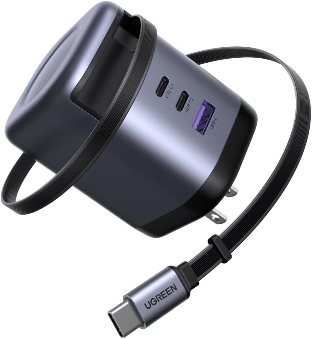 UGREEN 100W Type-C Charger 【75CM Retractable】 8-Step Adjustable Built-in USB-C Cable 4-Port Simultaneous Charging PD3.0 Suitable for Travel/Business/Storage/Smartphones/Computers/Type-C Compatible
