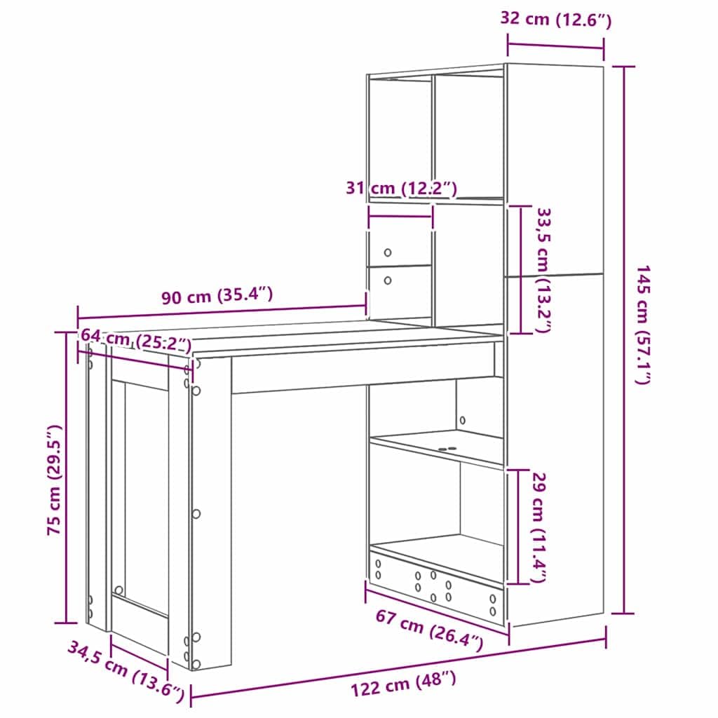 Scrivania in rovere affumicato, 122 x 67 x 145 cm, con ripiani, tavolo da lavoro per ufficio, casa, camera dei ragazzi, ideale come scrivania per computer, segretario, postazione di lavoro per