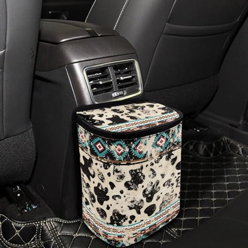 Image of Southwest Aztec Cow Car Trash Bag Foldable Hanging Car Trash Bin Can with Lid Portable Washable Automotive Garbage Storage Bag for Back Seat