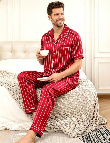 Image of SWOMOG Mens Satin Pajama Set Short Sleeve Classic Sleepwear Button Down Silky Loungewear with Long Pants