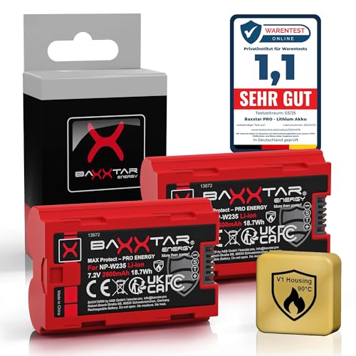 Baxxtar 2X MaxProtect Batería NP W235 2600mAh Repuesto para Fuji NPW235 NP W235 con Sensor NTC y V1 Caso Compatible con Fujifilm GFX 50s II GFX 100S GFX 100 II X H2 X H2S X S20 X T4 X T5