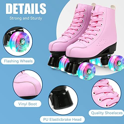 Women's Roller Skates PU Leather High-top Roller Skates Four-Wheel Roller Skates Double Row Shiny Roller Skates for Indoor Outdoor (Pink flash,37-US: 6) - 4