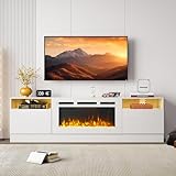 Breezestival Fireplace TV Stand with Two Hinged Doors for TVs UP to 80', Modern Electric Fireplace Entertainment Center with LED Lights & Storage Cabinets, TV Stand for Living Room 70' White