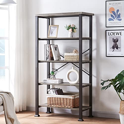 Hombazaar Bookshelf, 5-Tier Vintage Industrial Book Shelf, Rustic Wood And Metal Bookcase And Bookshelves, Free Standing Storage Large Bookshelf For Living Room, Bedroom And Kitchen, Grey Oak #TOP3
