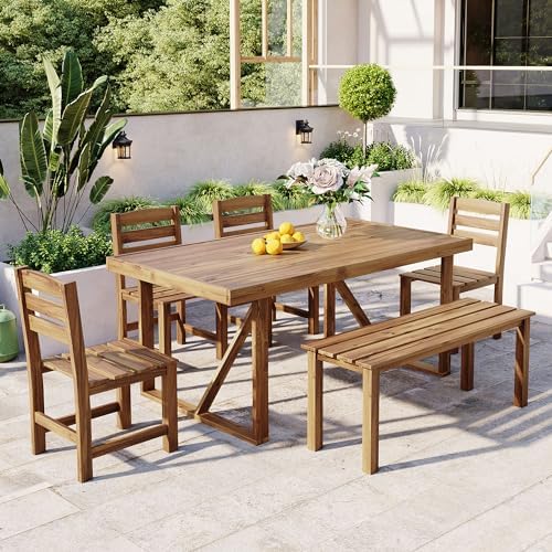 Outdoor Dining Set for 6, Acacia Wood Patio Dining Table Set with...