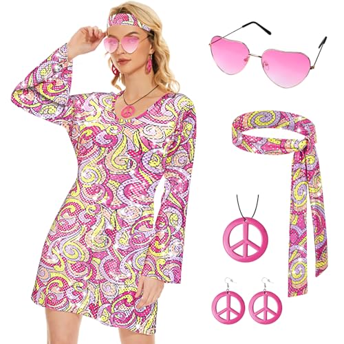 JONRRYIN Hippie Kostüm Damen Set, 60er 70er Kleid Hippie Kleidung Frauen Mädchen Disco Kleider mit Pailletten, Mode Abba Outfit mit 60er Jahre Kostüm Zubehör, Bekleidung Damen für Karneval Party (XL)