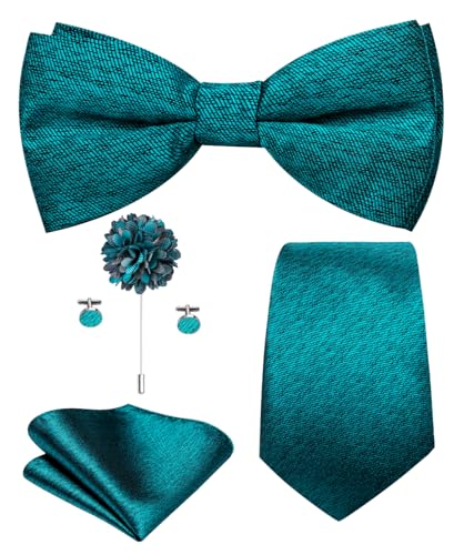 Image of Hi-Tie 5Pcs Mens Solid Color Silk Tie Satin Pretied Bowtie Lapel Pin for Men Handkerchief Cufflink Wedding Gift Box