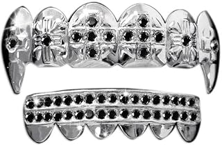 Hip Hop Silver Vampire Fangs Teeth Mouth Set Black Stones Joker Costume Grillz
