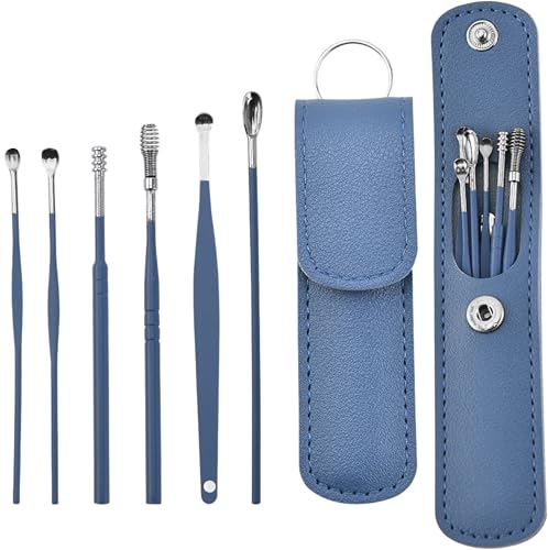Image of TEMPERIA Ear Wax Cleaner & Removal Tool Kit | Deep Cleaning | Set of 6 Different Spoons & Spiral Tools with Storage Bag | Blue Colour (RW116)