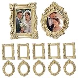 CAKEEYUM 12 Mini Marcos Dorados, Mini Marcos de Fotos barrocos de Resina Vintage para Fotos de Bricolaje, decoración de Bodas, Fiestas ovaladas y cuadradas, Dorado, Imagen, Vintage