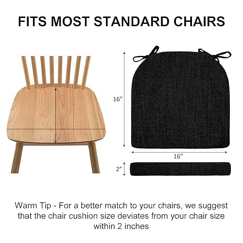 Image of Wellsin Chair Cushions for Dining Chairs 4 Pack - Kitchen Chair Cushions with Ties and Non-Slip Backing - Dining Chair Pads 16 inchX16 inchX2 inch, Black