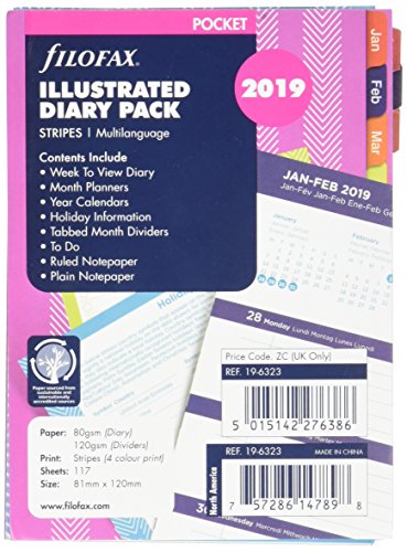 Filofax Refill, Pocket, Week to View, Illustrated Stripes, 5 Languages, 4.75 x 3.25 (C6323-2019)