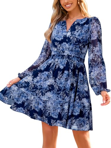 Image of Simplee Womens Spring Floral Mini Dress Long Sleeve Boho Chiffon Short Dress Casual Flowy Fall Wedding Guest Dresses