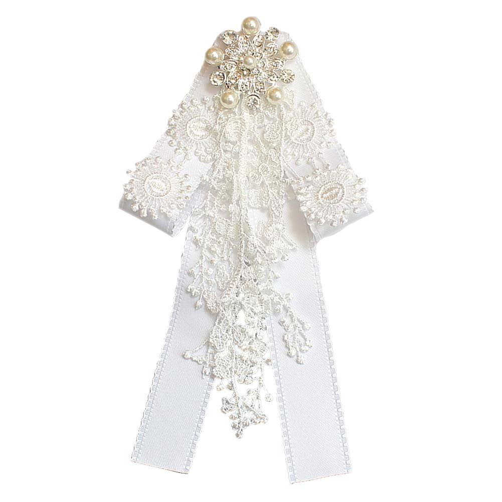 Lace Ribbon Bow Tie Brooch Rhinestone Pearl Necktie for Girl Women Fashion jabot collar brooch pins Pre-Tied Corsage