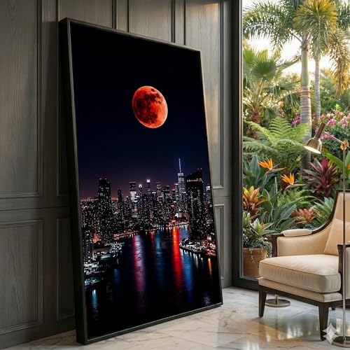 Décoration d'éclipse lunaire tableau nocturne de ville peinture sur toile 80x150