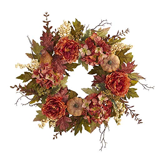 Nearly-Natural-24in-Peony-Hydrangea-and-Pumpkin-Fall-Artificial-Wreath Nearly Natural 24in Peony Hydrangea and Pumpkin Fall Artificial Wreath