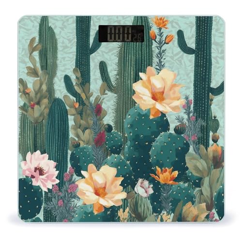 Báscula de baño digital con diseño floral y cactus
