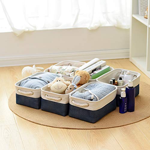 Storage Basket For Organizing - 12X8X5.2 Inch Small 6 Pack Fabric Storage Bin Collapsible Baskets For Shelves With Rope, Storage Box For Cloth Toy Decorative Laundry Canvas(White & Blue) #TOP1