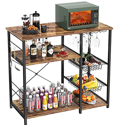Kitchen Baker’s Rack, Coffee Bar with Wire Basket Microwave Oven Stand Utility Carts Organizer Wine Glass Holder 3-Tier…