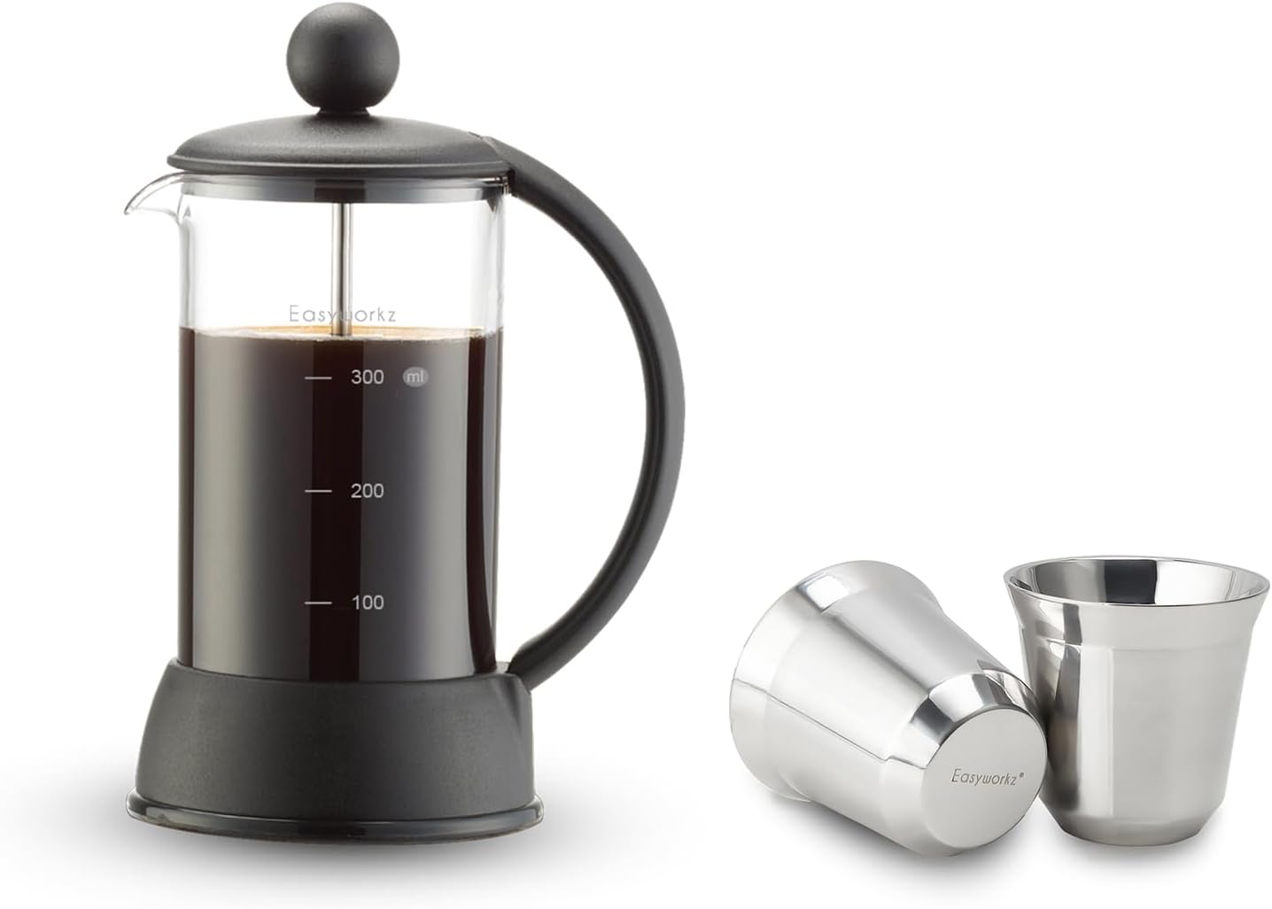 Easyworkz Eclipse French Press 12 oz, Bundled with Stainless Steel Espresso Cup 2pcs Set Double Wall Insulated Metal Demitasse Cups 5 oz
