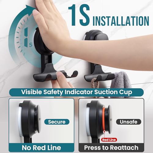 Image of TAILI 2 Pack Suction Cup Razor Holder for Shower, Upgraded Visible Safety Indicator, No-Drill Glass Shower Wall Hook for Towel, Loofah, Razor, Squeegee, Easy to Use, Rust-Resistant Bathroom Organizer