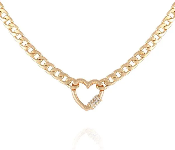 GUESS Goldtone Chain Link Necklace with Pave Heart Charm