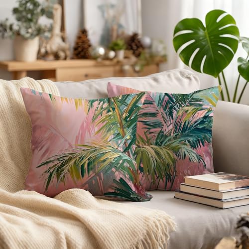 Image of Summer Pink and Green Tropical Palm Leaf Decorative Throw Pillow Cover Decor 18x18,Palm Leaf Botanical Decorative Lumber Beach Plant Throw Pillow Cover for Cabin Couch Double-Sided Set of 2