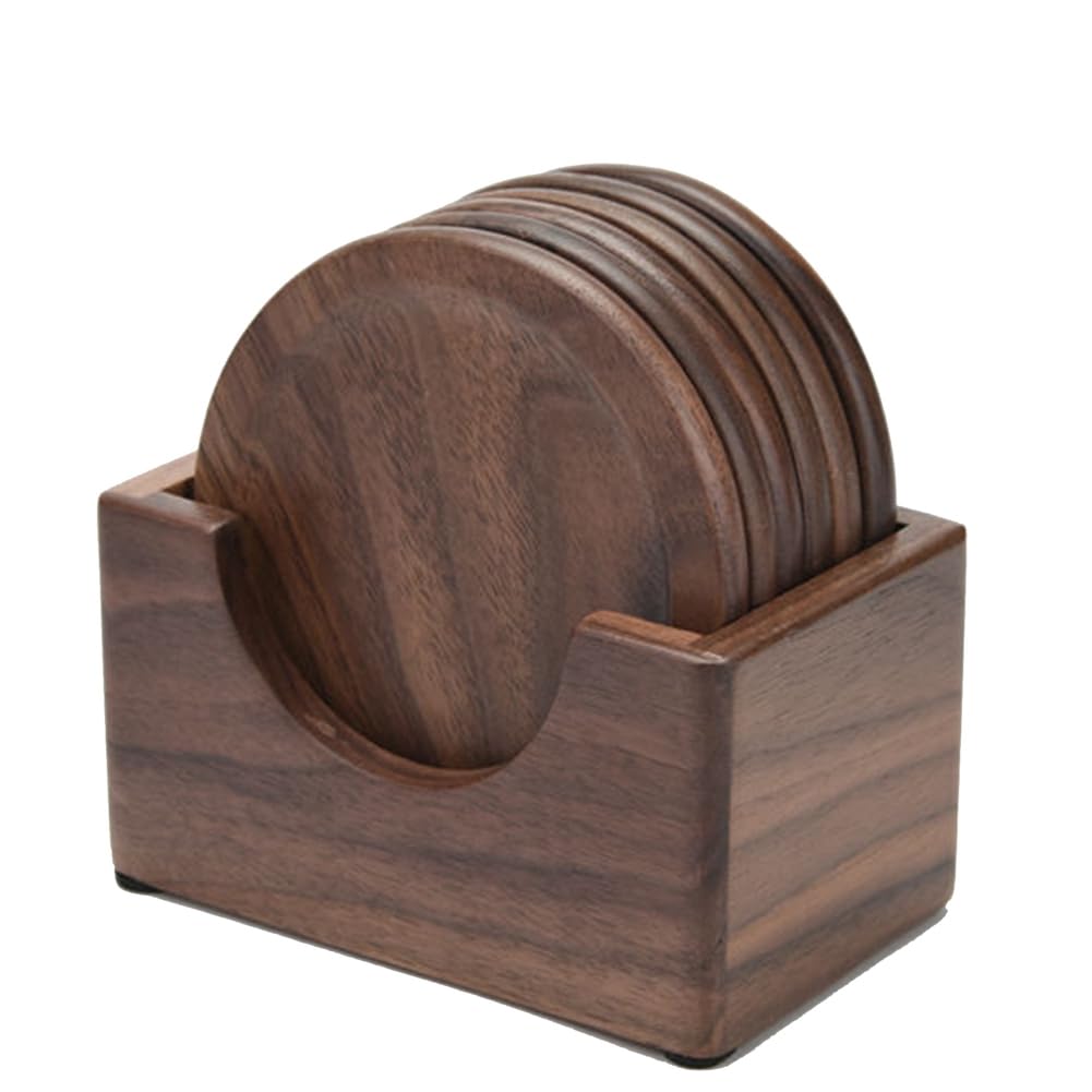 Cetfuro 6Pcs Walnut Wood Coasters Placemats Decor Round Heat Drink Mat Home Kitchen Table Tea Coffee Cup Pad