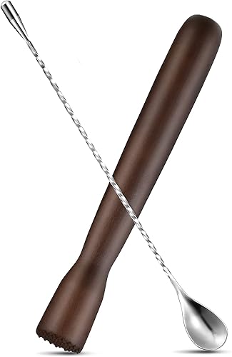 Patelai Coctelera de madera para bebidas Muddler Bar Muddler y cuchara de barra de 12 pulgadas de acero inoxidable, cuchara mezcladora en espiral