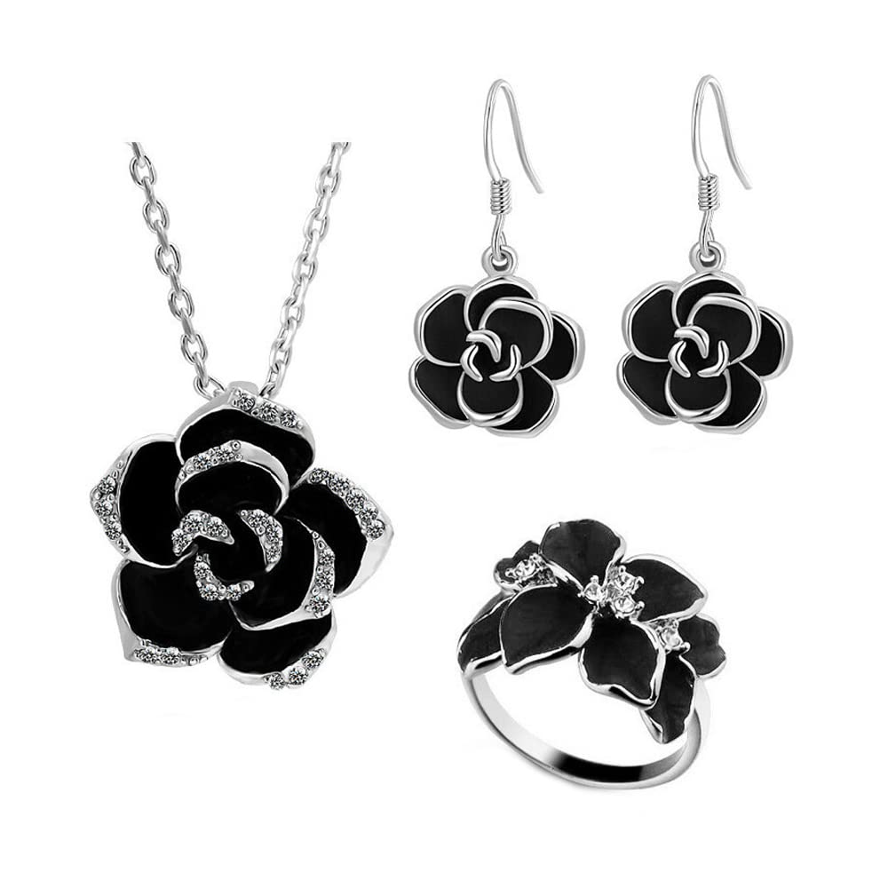TOEECY Flores Camelia Conjuntos de Joyas para Mujer y Niñas Colgante Collar Pendientes Anillo Cubic Zirconia Fiesta Boda Nupcial Dama de Honor