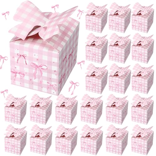 Threehoney 24 Pcs Coquette Gifts Goodies Boxes Pink Bow Treat Paper Boxes 4.72 X3.91 X3.91 Coquette Birthday Party Favors Pink Bow Candy Wrapping Bags for Women Wediing Mother's Day Party Supplies