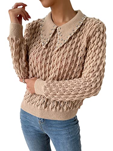 Wdirara Women's Collared Beaded Knit Pullover Top Long Sleeve Solid Casual Sweater Camel L #TOP12