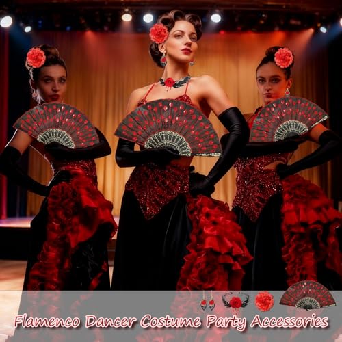 FOUNSHO 4PCS Rose Flower Flamenco Accessories for Women Embroidered Sequins Folding Fan Choker Earrings Red Rose Flower Hair Clip Spanish Dancer Costume For Ladies 1920s Fancy Dress Halloween (Red) - Image 5