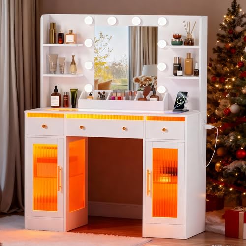 White Makeup Vanity Desk with Mirror and Lights, 39.4