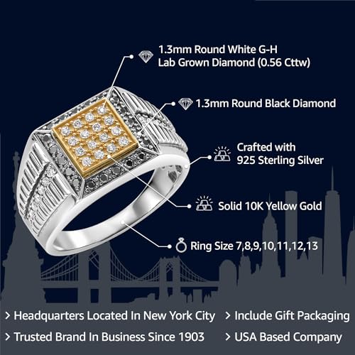 Gem Stone King Men's 925 Sterling Silver & 10K Yellow Gold Lab Grown Diamond & Black Diamond Cuban Rolex Style Square Cut Band Ring For Men | 0.56 Cttw | Available in Size 7-132