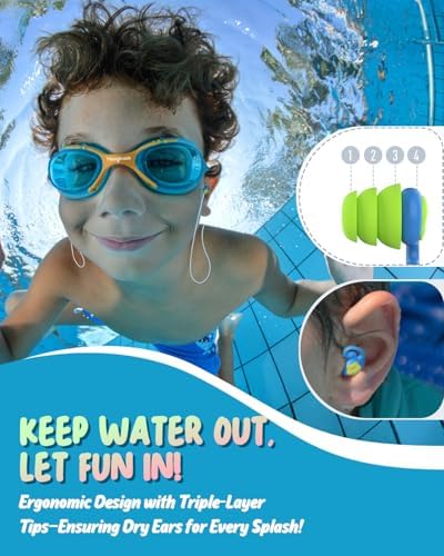 Hearprotek Swimming Ear Plugs for Kids, 2 Pairs Reusable Silicone Waterproof Earplugs for Small Ear Canals Toddlers∣Child Ear Protection for Swim Ear,Shower,Bath,Pool and Water Sports (3-12yrs) BU+GN