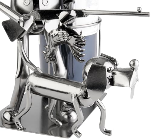 BRUBAKER Weinflaschenhalter Jäger mit Jagdhund - Flaschenhalter aus Metall - Jagd Geschenk Metallfigur mit Hund - Weingeschenk Flaschenständer mit Geschenkkarte - Farbe: Silber