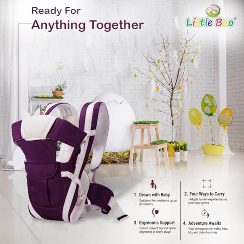 Image of LittleBoo New Born Baby Carrier Bag 4-in-1 Adjustable Baby Sitting Carrier Bag - Front & Back Carry with Head Support, Safety Belt & Buckle Straps for 0-24 Months (Purple)