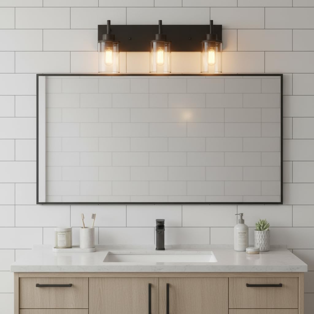 Vanity Light Fixtures, Matte Black Bathroom Light Fixtures Over Mirror, Modern Wall Sconces Lamp with Clear Glass Shade (3 Light)