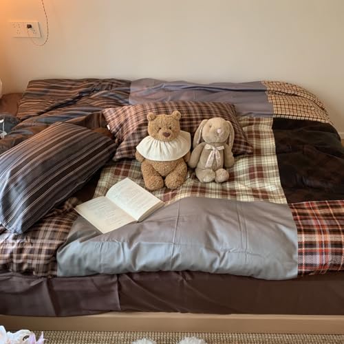 Image of Nayoroom Plaid Duvet Cover Queen Size Vintage Brown Patchwork Checkered Duvet Cover Dorm Bedding Set 3 Pieces Soft Lightweight Washed Microfiber Farmhouse Bedding Set Gifts for Women Men
