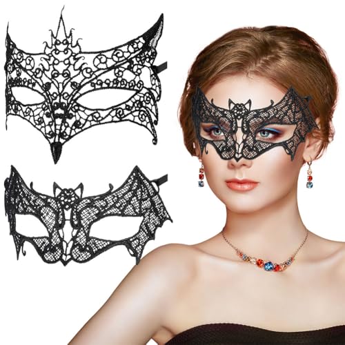 Aomig Spitze Maske, 2PC Venezianische Maske Spitze Damen, Schwarz Sexy Lace Augenmaske für Frauen, Augenmaske Maskerade Maske für Halloween Karneval Abendkleid Tanz Ball Party(B-Fledermaus+Fuchs)