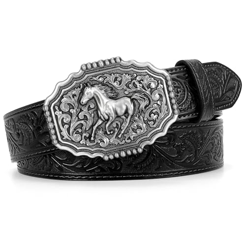 Cowboy Western Belts for Men Woman, Cowboy Cowgirl Belt Embossed Western Country Buckle Leather Belts for Jeans