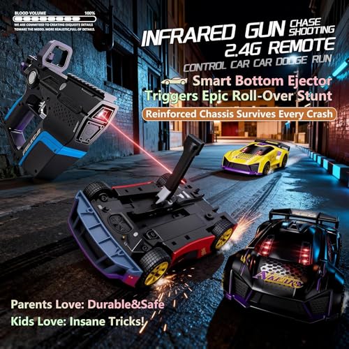 Image of PLUSPOINT Infrared Battle RC Car Toy Black 3-in-1 Drift Car Racing 2 Player Interactive Set with Infrared Gun, Shooting & Flip Family Friendly Chase Game 2.4GHz Remote Control Car Toy for Kids Ages 6+