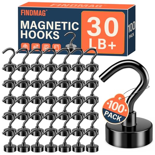 Image of FINDMAG 100 Pack Magnetic Hooks, 30LB+ Magnets with Hooks, Black