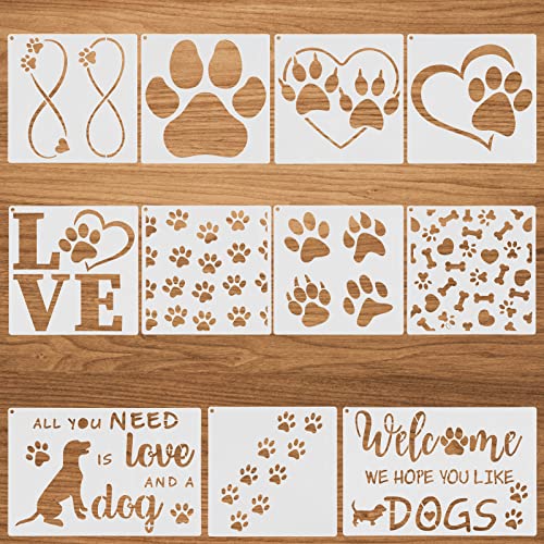 Prasacco 11pcs Paw Painting Stencils,Reusable Dog Paw Print Templates Plastic Assorted Size Dog Trail Stencils with Metal Open Ring for DIY Scrapbooks Painting on Wood Wall Home Decor Supplie