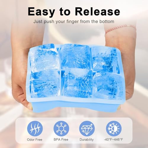 Image of Ice Cube Molds with Lid,Big Silicone Ice Cube Tray for Whiskey,2Inch Square Ice Cube Tray,Easy-Release Ice Mold,Giant Ice Cubes for Bourbon Cocktail (2, Blue)