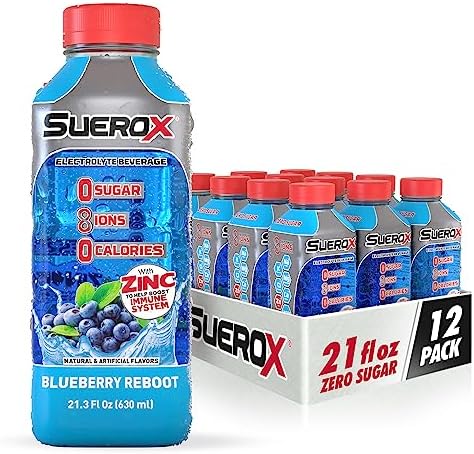 SueroX Zero Sugar Electrolyte Drink for Hydration and Recovery, Unique Blend of Electrolytes & 8 Ions, Zero Calorie Sports Drink, 21.3 Fl Oz, Blueberry Reboot, 12 Count