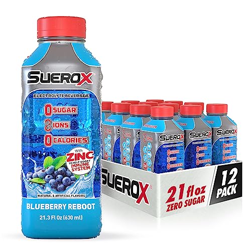 Suerox Zero Sugar Electrolyte Drink For Hydration And Recovery, Unique Blend Of Electrolytes & 8 Ions, Zero Calorie Sports Drink, 21.3 Fl Oz, Blueberry Reboot, 12 Count #TOP18