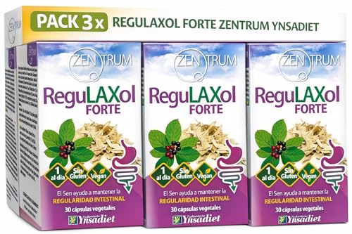 Pack 3 x Regulaxol Forte Zentrum Ynsadiet | Complemento para el tránsito intestinal con sen, cáscara sagrada y L-glutamina | Sin gluten, vegano | 3 x 30 cápsulas vegetales